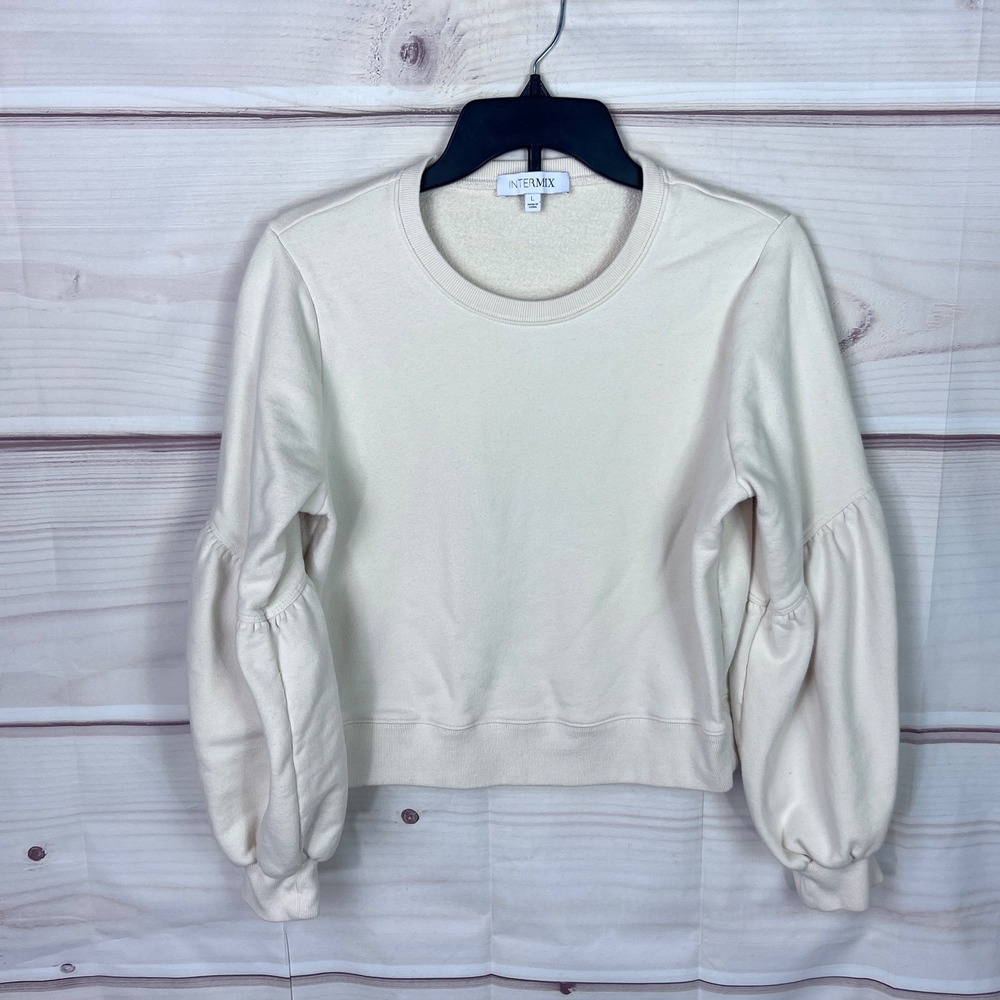 Intermix Top Womens L Cream Balloon Sleeve Sweatshirt Cotton Terry Cropped Solid